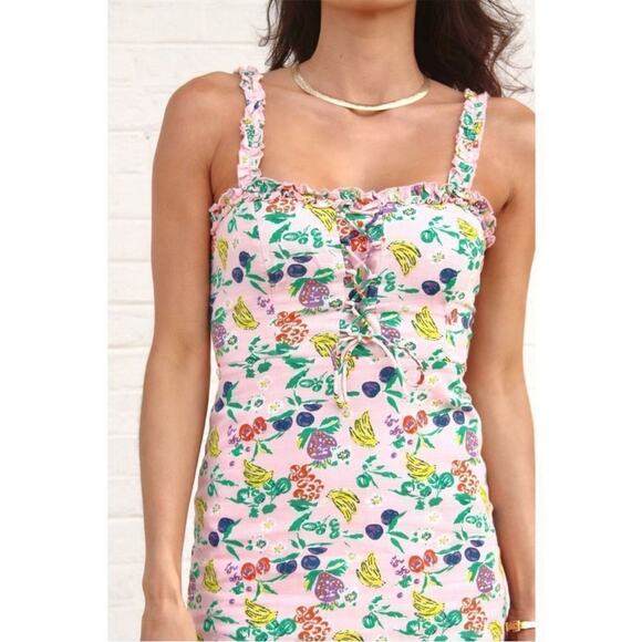 Urban Outfitters Robin Lace Up Pink Fruit Print Mini Dress Sz XS Babydoll Y2K‎ - Picture 2 of 10